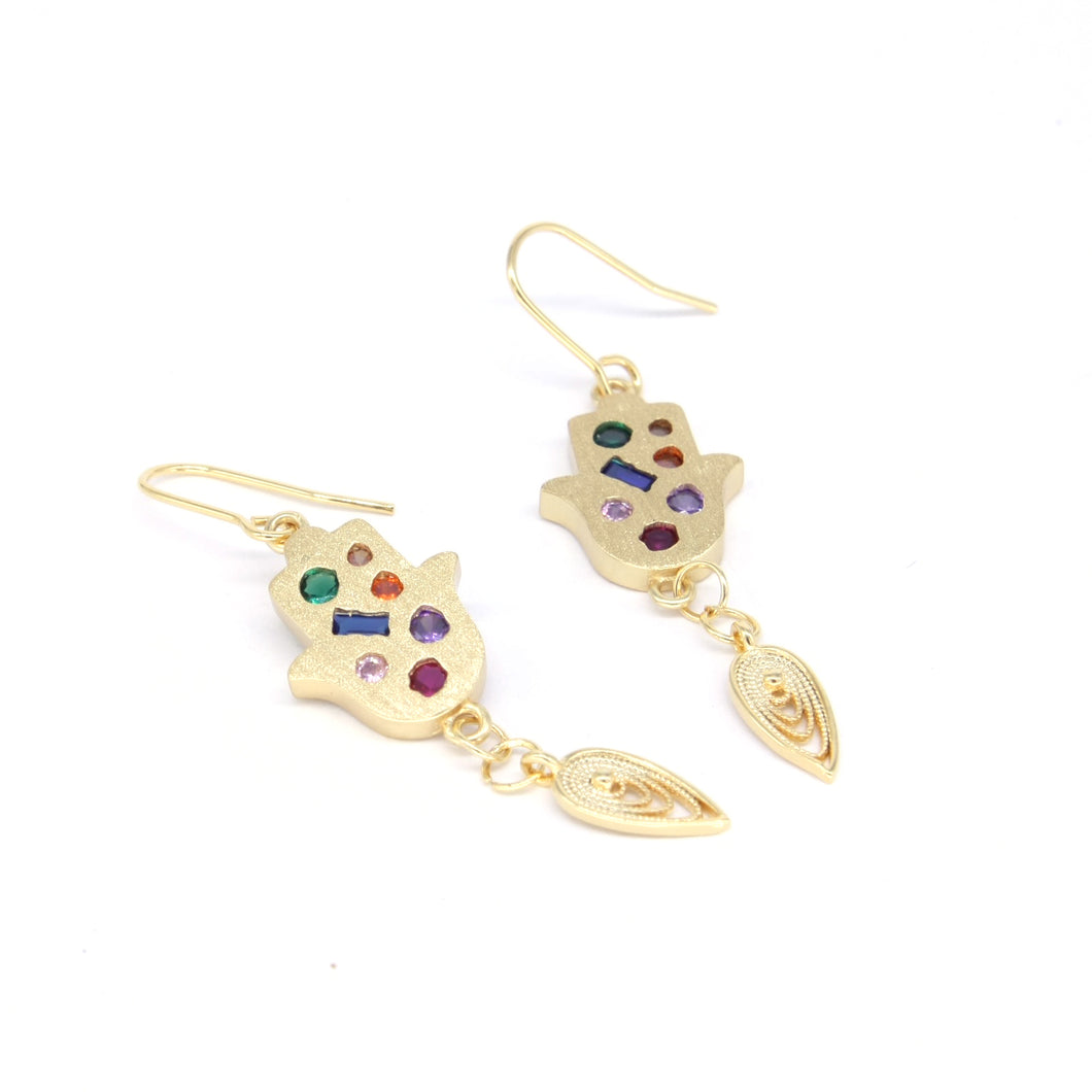 Rainbow gold hamsa hand earrings