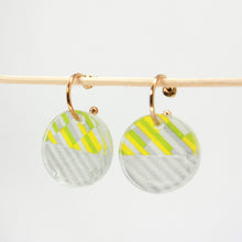 Load image into Gallery viewer, Gold hoop earrings with resin pendant - Green silver strips
