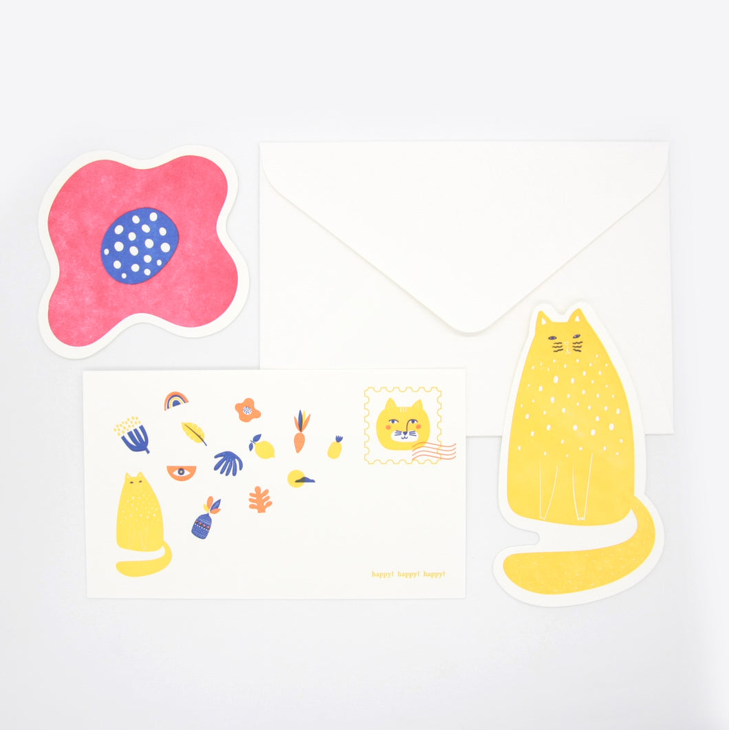 Letterpress printing cat and flower card with envelope