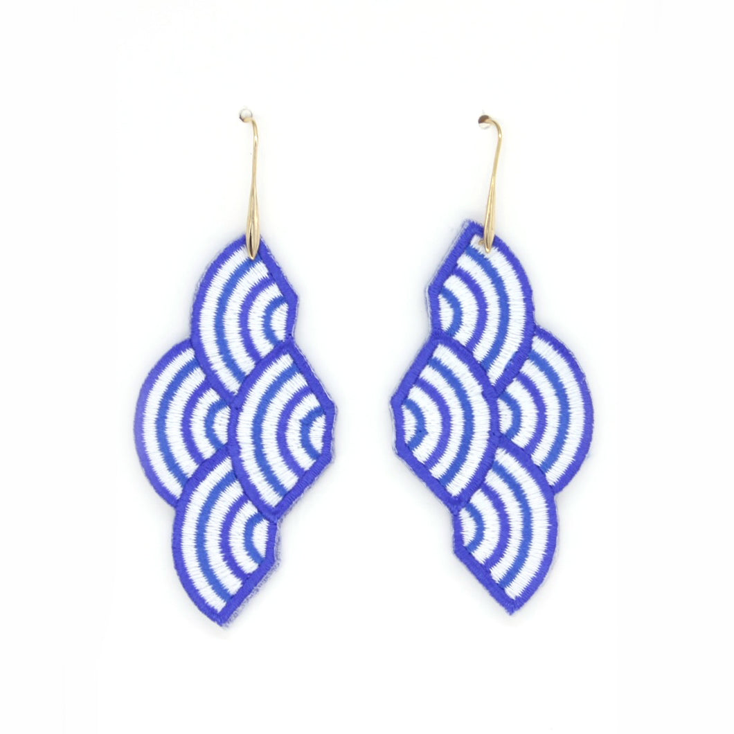 Blue geometric embroidered drop earrings