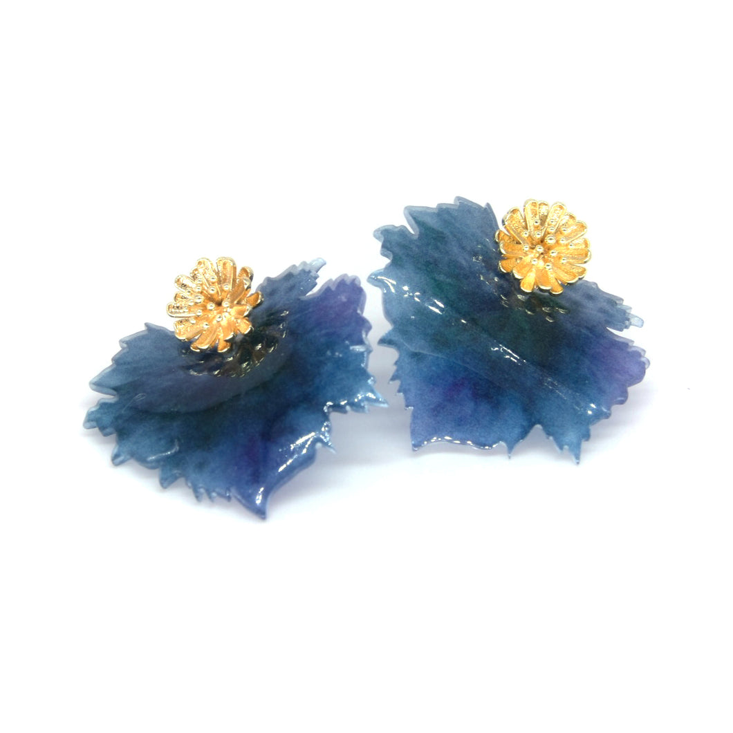 Resin blue leaf stud earrings