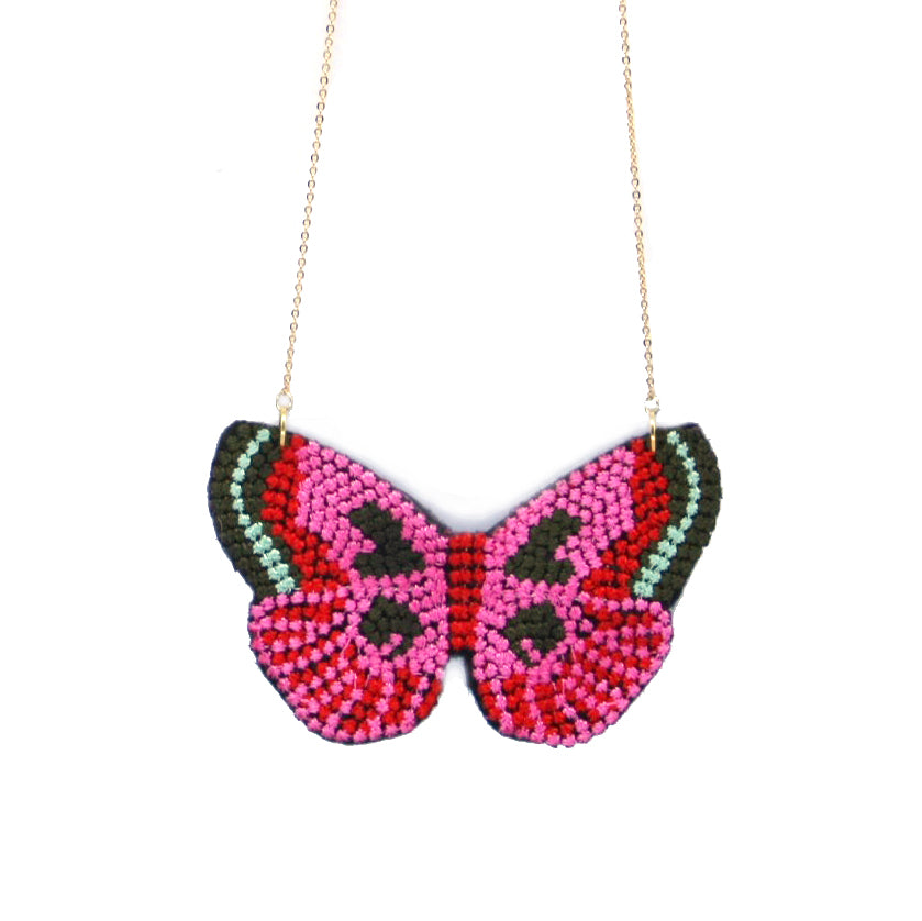 Knitted butterfly pendant necklace