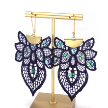 Load image into Gallery viewer, Blue lace with sequin drop earrings
